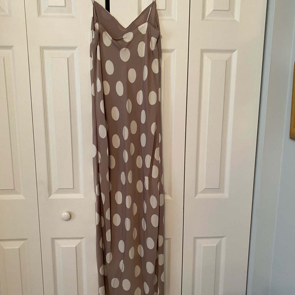 Theory Silk Taupe Maxi Slip Dress with Cream Polka Dots - Picture 2 of 3